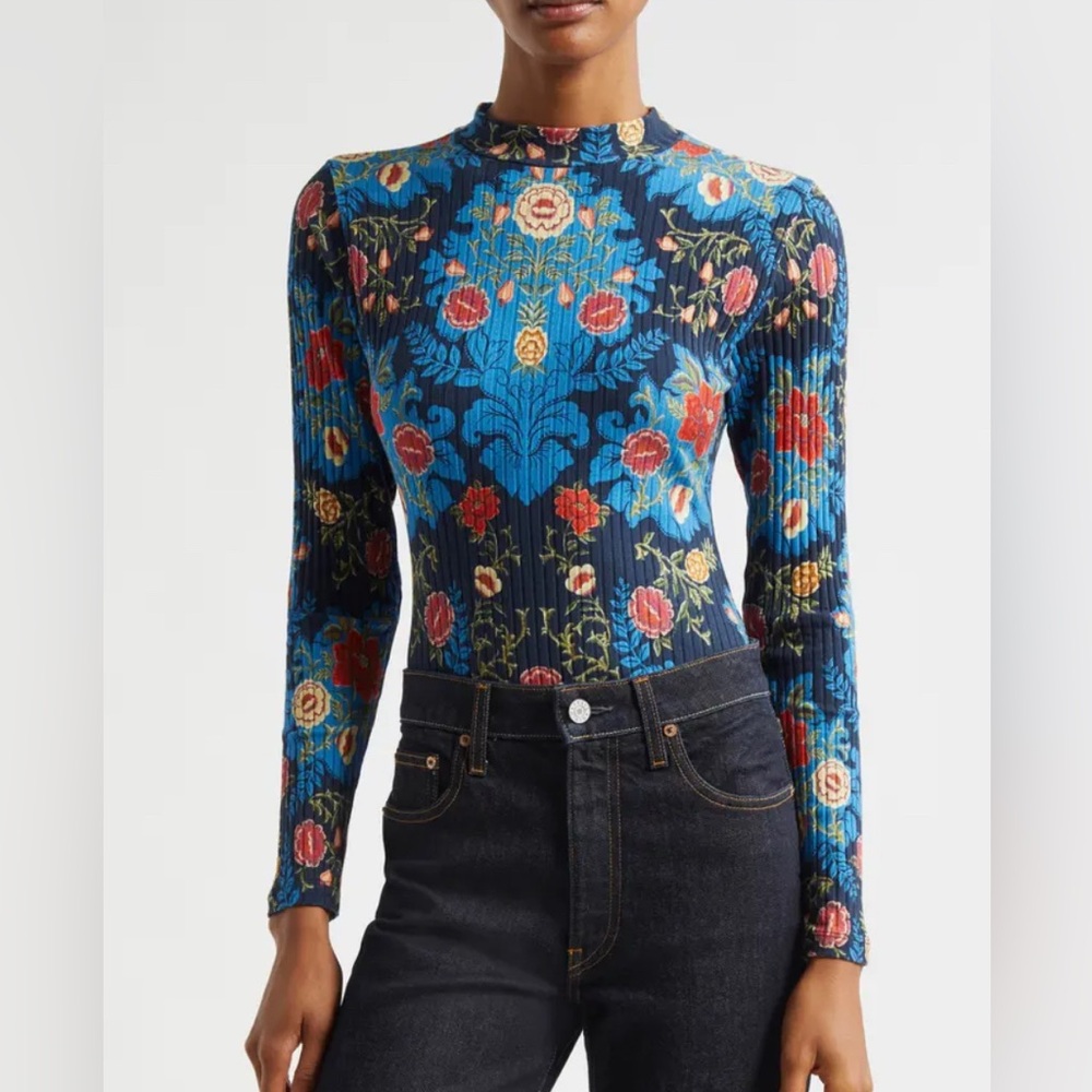 NWT Farm Rio Blue Arabesque Floral Mock Neck Cotton Rib Bodysuit Size L Large